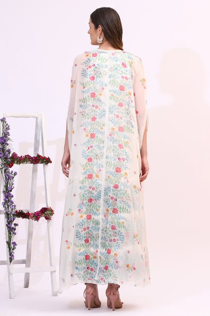 White Floral Printed Chiffon Tiered Flared Dress with Printed Cape - Image 3