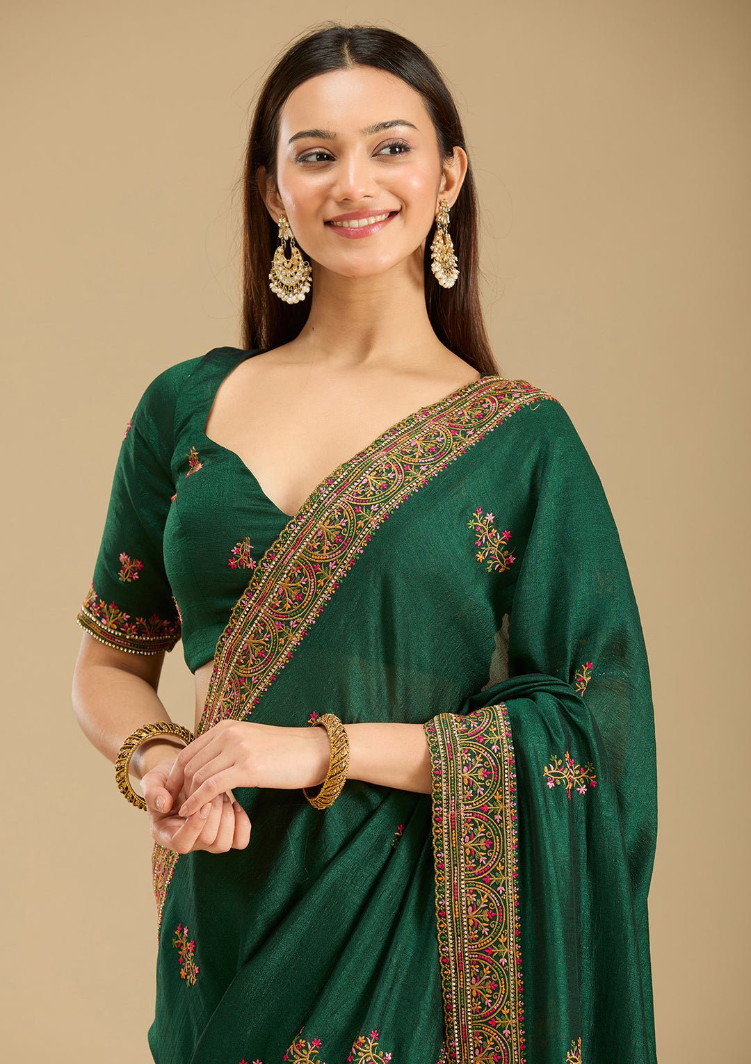 Bottle Green Kashmiri Soft Raw Silk Saree - Image 5